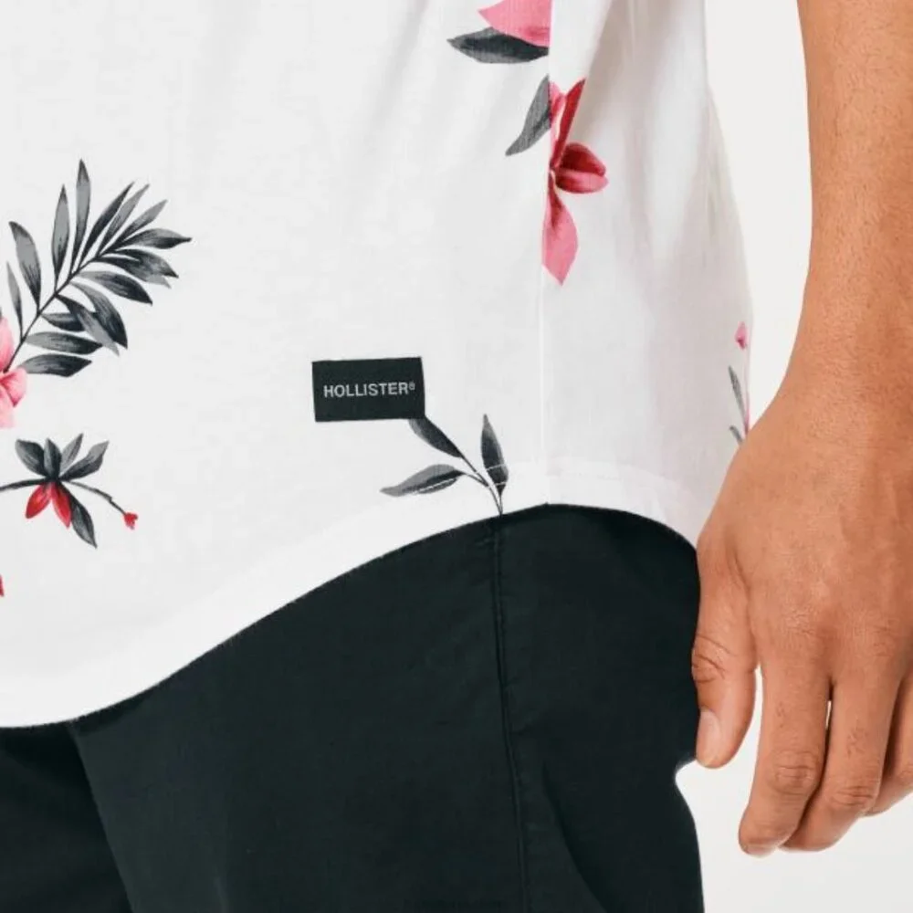 Hollister Men Longline Curved Hem Floral Pattern White Short Sleeve T-Shirt - XS - Picture 5 of 10